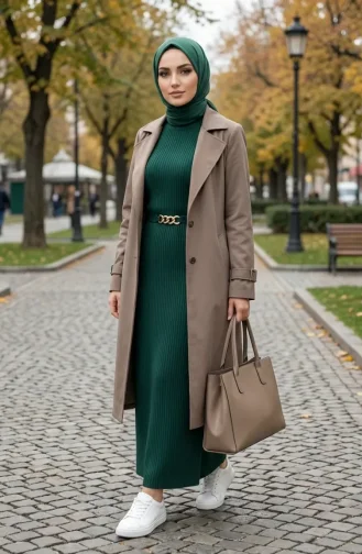 Geripptes Hijab-Kleid Mit Gürtel 2226-06 Smaragdgrün 2226-06