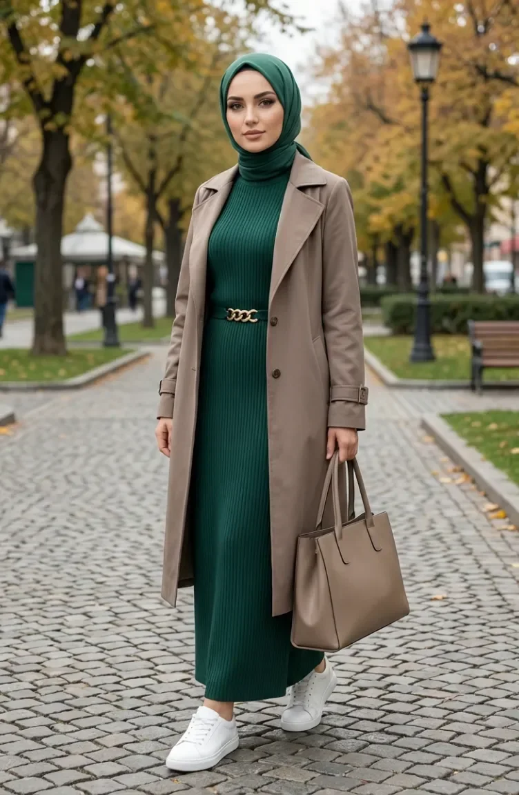 Geripptes Hijab-Kleid Mit Gürtel 2226-06 Smaragdgrün 2226-06
