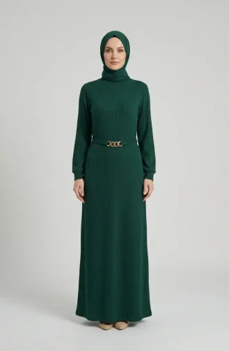 Geripptes Hijab-Kleid Mit Gürtel 2226-06 Smaragdgrün 2226-06