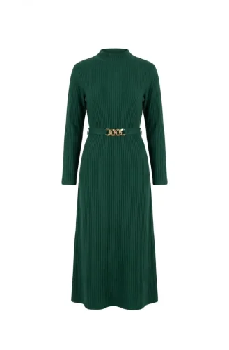 Geripptes Hijab-Kleid Mit Gürtel 2226-06 Smaragdgrün 2226-06