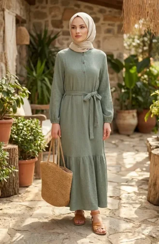 Robe Hijab Ceinturée En Crêpe Kaki 2236-05 2236-05