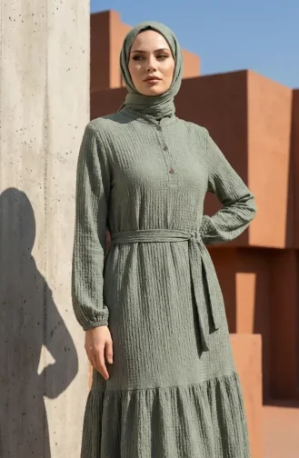 Robe Hijab Ceinturée En Crêpe Kaki 2236-05 2236-05