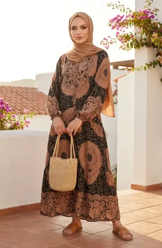 Lagenlook-Hijab-Kleid Aus Viskose Mit Ethnischem Muster 2199-03 Milchkaffee Schwarz 2199-03