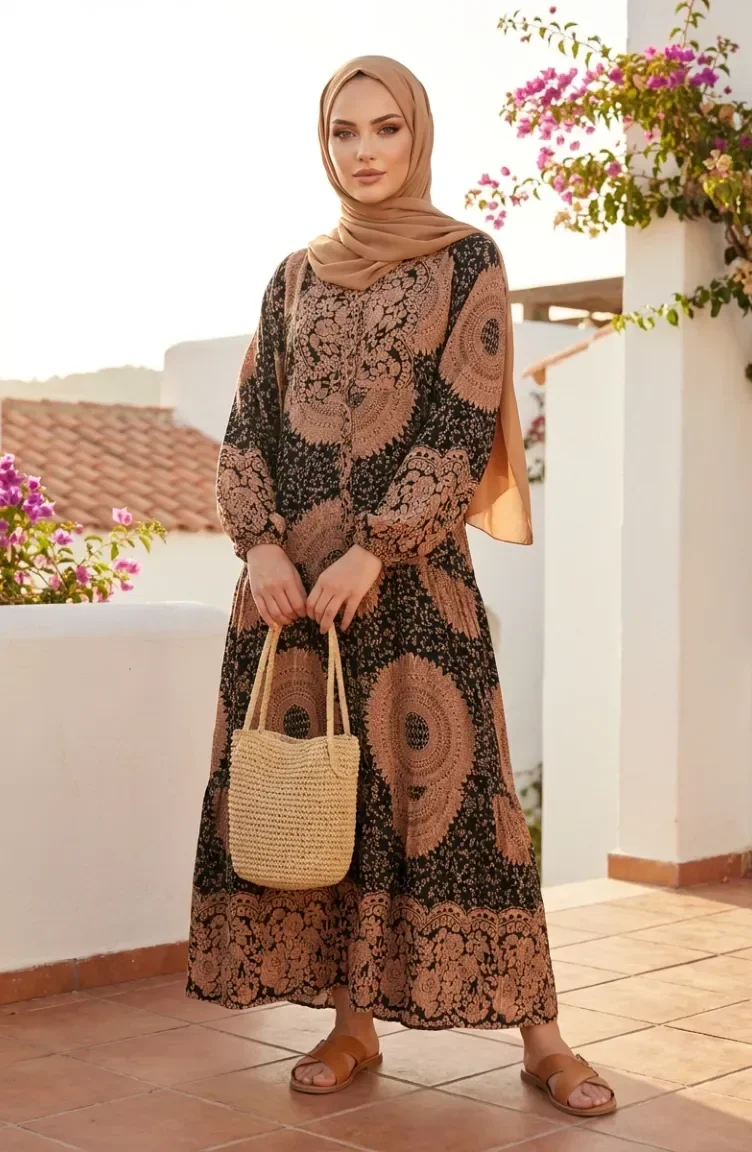 Lagenlook-Hijab-Kleid Aus Viskose Mit Ethnischem Muster 2199-03 Milchkaffee Schwarz 2199-03