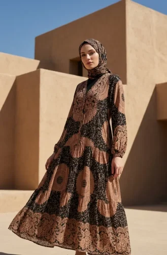 Lagenlook-Hijab-Kleid Aus Viskose Mit Ethnischem Muster 2199-03 Milchkaffee Schwarz 2199-03