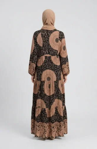 Lagenlook-Hijab-Kleid Aus Viskose Mit Ethnischem Muster 2199-03 Milchkaffee Schwarz 2199-03
