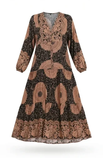 Lagenlook-Hijab-Kleid Aus Viskose Mit Ethnischem Muster 2199-03 Milchkaffee Schwarz 2199-03
