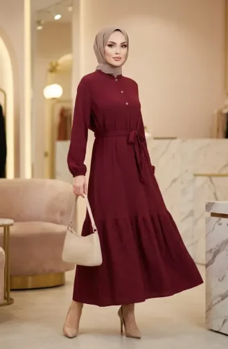 Hijab-Kleid Mit Gürtel Aus Crinkle-Stoff Modell 2236-03 Kirschrot 2236-03