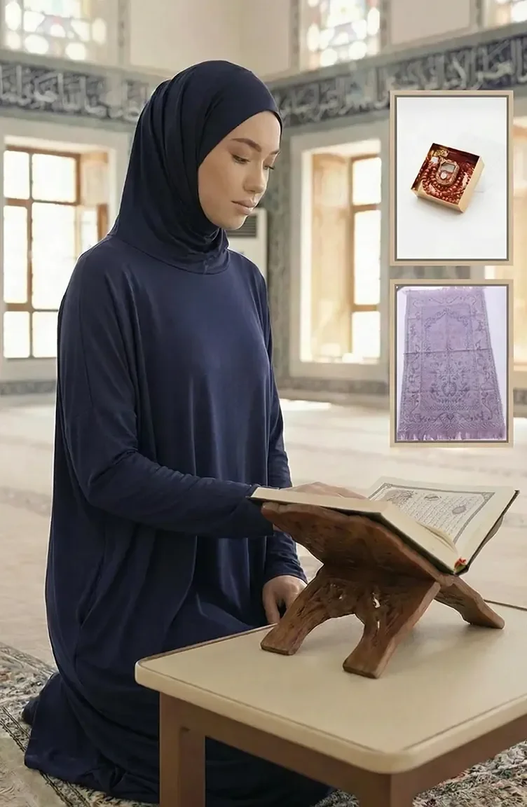Ramazana Özel 5 Li Huzur Seti - Namaz Elbisesi Kuranı Kerim Seccade Zikirmatik Tesbih - 0001-01 Lacivert
