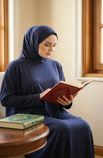 Ensemble De Prière Spécial Ramadan 2 Pièces - Robe De Prière Et Saint Coran - 0002-01 Bleu Marine 0002-01