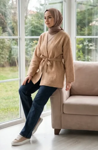 Buklet Kumaş Bağlamalı Kışlık Kap 2235-04 Sütlü kahve