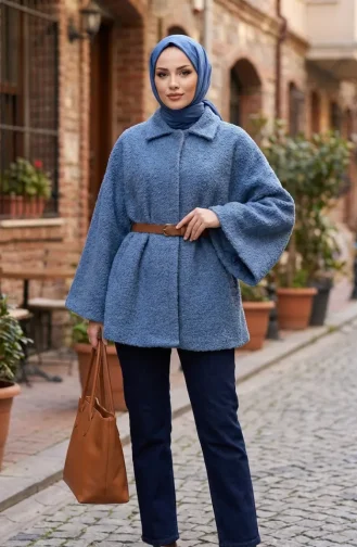 Bouclé Fabric Belted Winter Poncho 2233-01 Indigo 2233-01