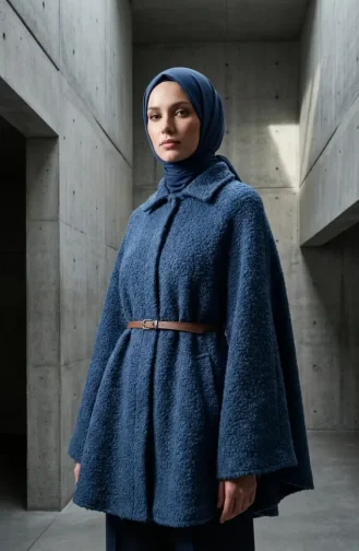 Bouclé Fabric Belted Winter Poncho 2233-01 Indigo 2233-01