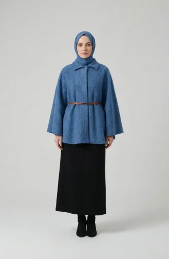 Bouclé Fabric Belted Winter Poncho 2233-01 Indigo 2233-01