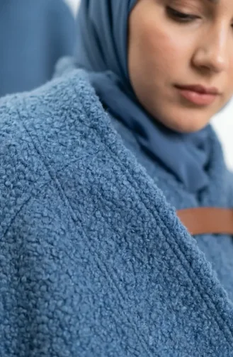 Bouclé Fabric Belted Winter Poncho 2233-01 Indigo 2233-01