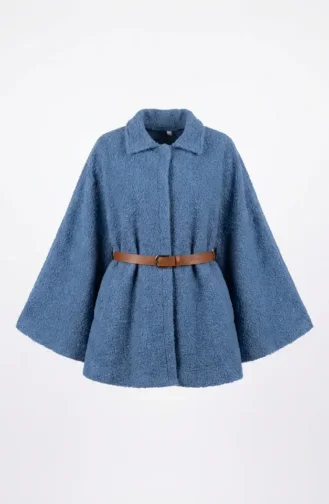 Bouclé Fabric Belted Winter Poncho 2233-01 Indigo 2233-01