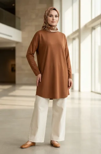 تونيك بقصة مريحة ومقاسات كبيرة 8712A-04 لون بني داكن 8712A-04