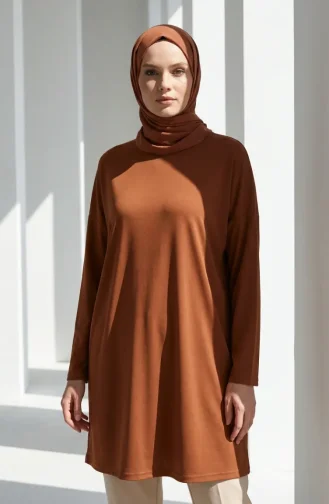 تونيك بقصة مريحة ومقاسات كبيرة 8712A-04 لون بني داكن 8712A-04