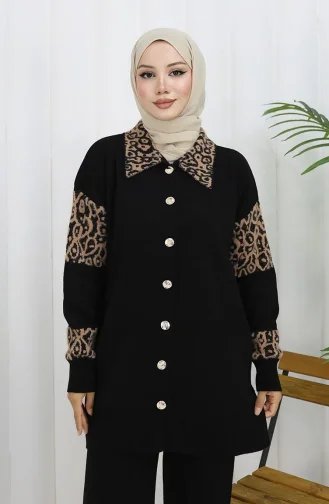 Triko Düğmeli Garnili Tunik Pantolon İkili Takım 1020-05 Siyah Sütlü kahve