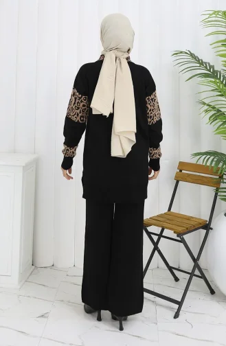 Triko Düğmeli Garnili Tunik Pantolon İkili Takım 1020-05 Siyah Sütlü kahve