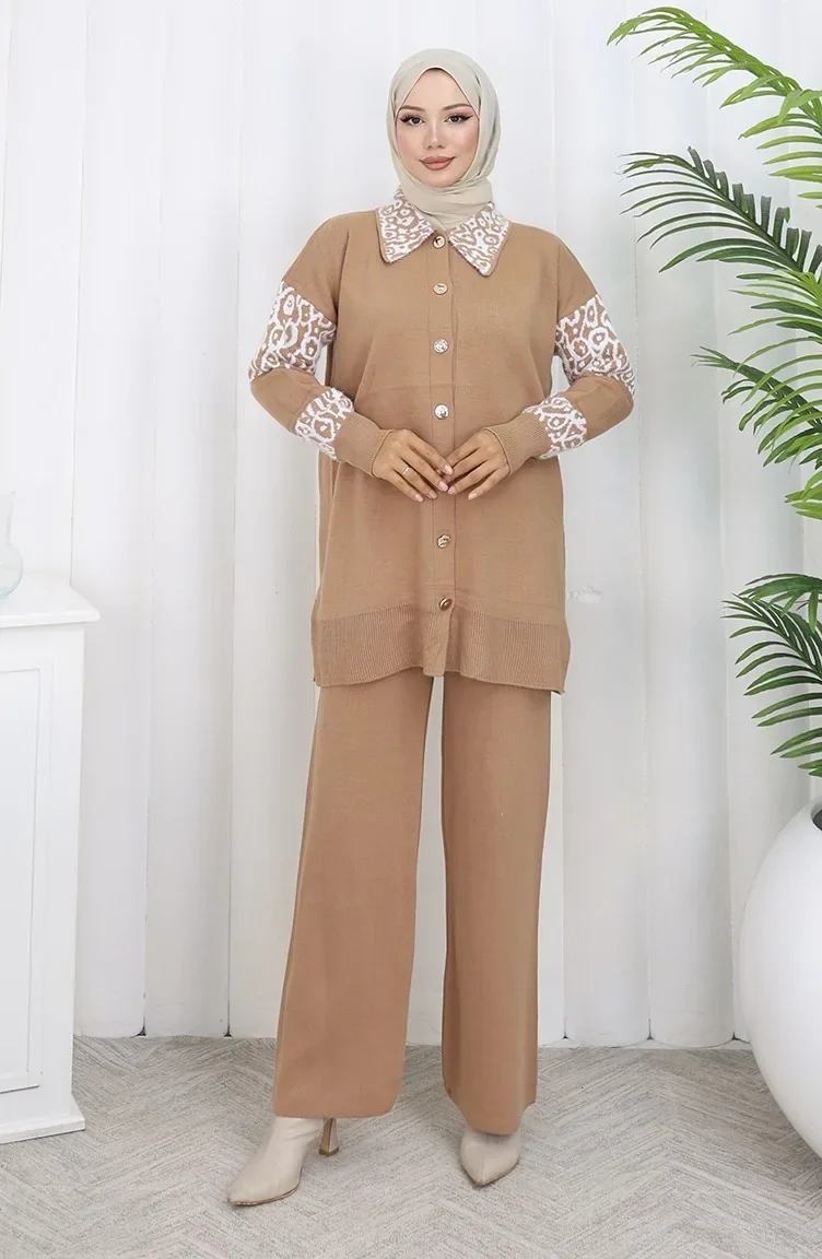 Triko Düğmeli Garnili Tunik Pantolon İkili Takım 1020-06 Sütlü kahve