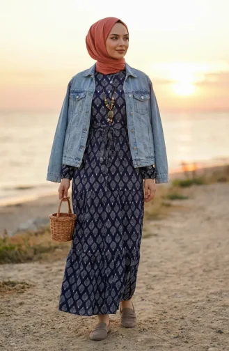 Robe Hijab En Viscose à Demi-boutons Et Motif Feuilles 2200-05 Bleu Marine 2200-05