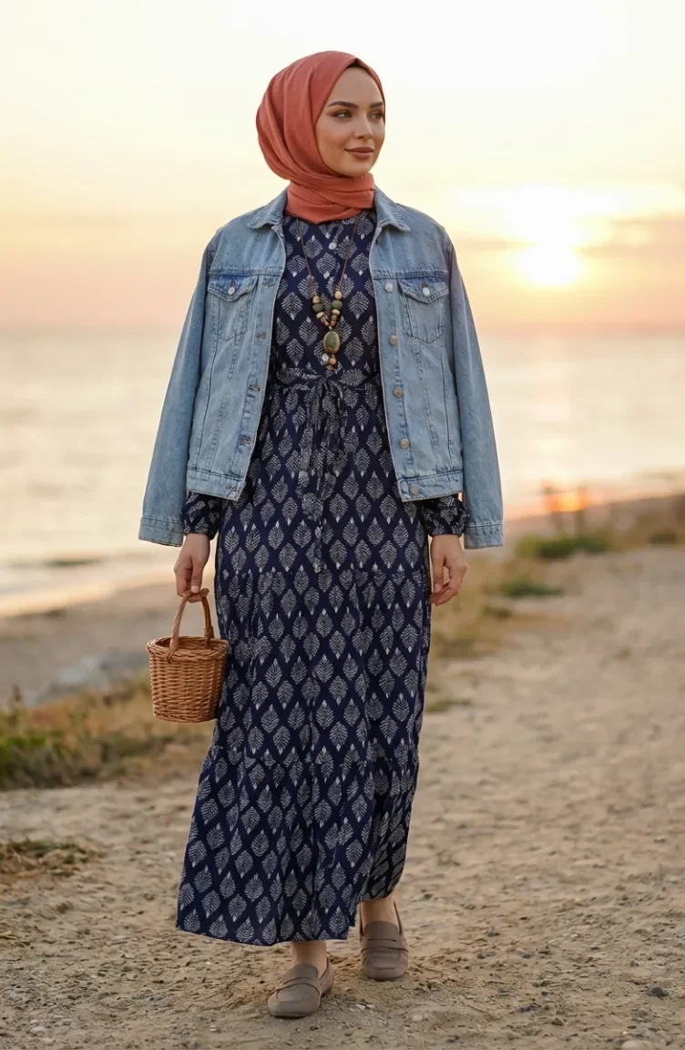 Robe Hijab En Viscose à Demi-boutons Et Motif Feuilles 2200-05 Bleu Marine 2200-05