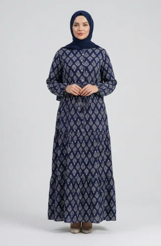 Robe Hijab En Viscose à Demi-boutons Et Motif Feuilles 2200-05 Bleu Marine 2200-05