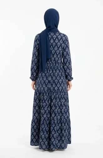 Robe Hijab En Viscose à Demi-boutons Et Motif Feuilles 2200-05 Bleu Marine 2200-05