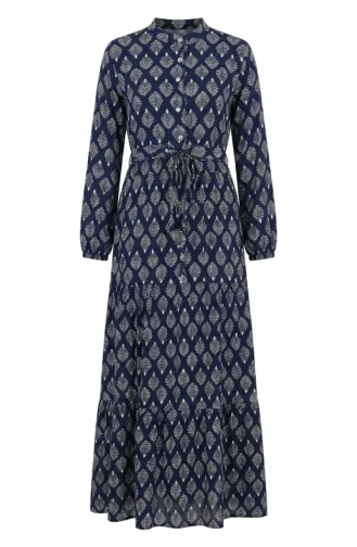 Robe Hijab En Viscose à Demi-boutons Et Motif Feuilles 2200-05 Bleu Marine 2200-05