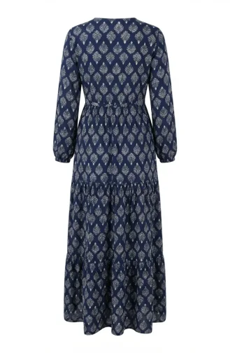 Robe Hijab En Viscose à Demi-boutons Et Motif Feuilles 2200-05 Bleu Marine 2200-05