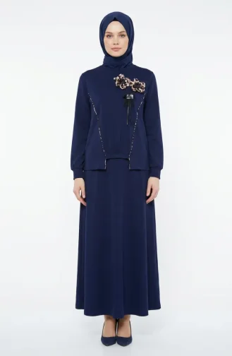 Ensemble Deux Pièces à Motif Floral Et Taille élastiquée 0245-01 Bleu Marine 0245-01