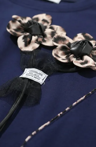 Ensemble Deux Pièces à Motif Floral Et Taille élastiquée 0245-01 Bleu Marine 0245-01