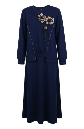 Ensemble Deux Pièces à Motif Floral Et Taille élastiquée 0245-01 Bleu Marine 0245-01