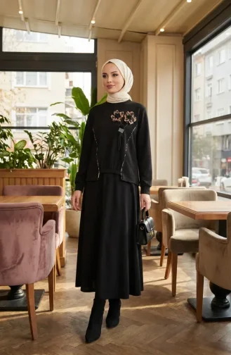 Ensemble Deux Pièces à Motif Floral Et Taille élastiquée 0245-02 Noir 0245-02