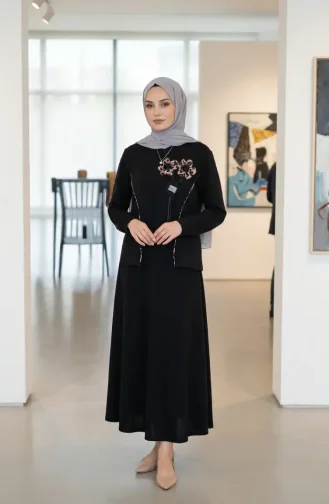 Ensemble Deux Pièces à Motif Floral Et Taille élastiquée 0245-02 Noir 0245-02