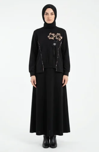 Ensemble Deux Pièces à Motif Floral Et Taille élastiquée 0245-02 Noir 0245-02