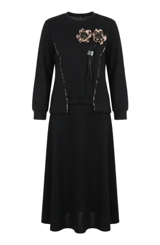 Ensemble Deux Pièces à Motif Floral Et Taille élastiquée 0245-02 Noir 0245-02