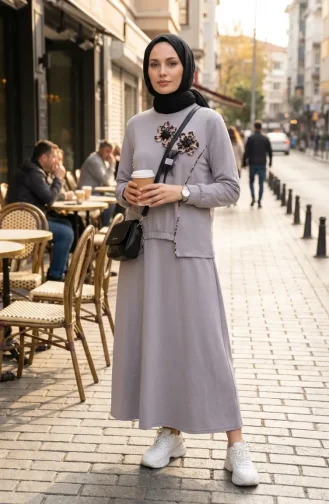 Çiçek Detaylı Beli Lastikli ikili Takım 0245-04 Gri