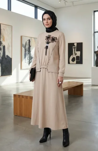 Çiçek Detaylı Beli Lastikli ikili Takım 0245-05 Bej