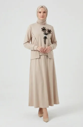 Çiçek Detaylı Beli Lastikli ikili Takım 0245-05 Bej