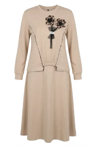 Çiçek Detaylı Beli Lastikli ikili Takım 0245-05 Bej