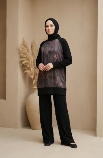طقم قطعتين بنقشة شال وثنيات، 2240-04، أسود وبني 2240-04