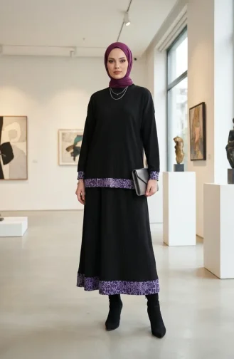 Leopar Desenli Pileli ikili Takım 2241-01 Siyah Lila