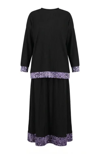 Leopar Desenli Pileli ikili Takım 2241-01 Siyah Lila