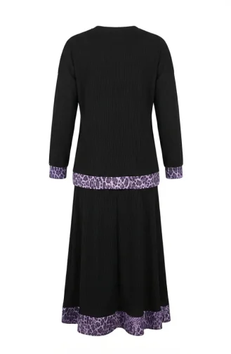 Leopar Desenli Pileli ikili Takım 2241-01 Siyah Lila