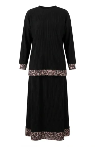 Leopar Desenli Pileli ikili Takım 2241-02 Siyah Kahverengi