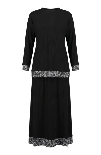 Leopar Desenli Pileli ikili Takım 2241-03 Siyah Antrasit
