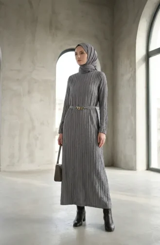 Bürümcük Kumaş Kuşaklı Elbise 2239-01 Gri