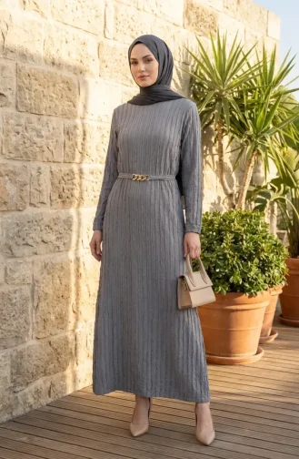 Bürümcük Kumaş Kuşaklı Elbise 2239-01 Gri
